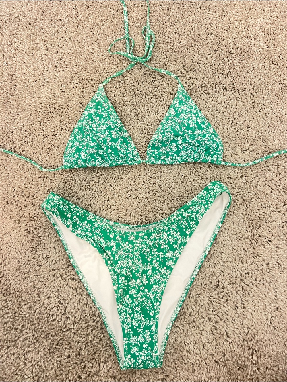 Bright Green Floral Bikini Top and Bottom Set